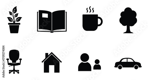 Simple black and white icons depicting nature home and daily life