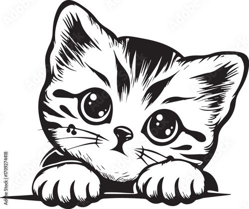 Cute Kitten Illustration: An adorable kitten, captured in a charming illustration, stares with big, innocent eyes, perfect for evoking feelings of warmth and companionship.