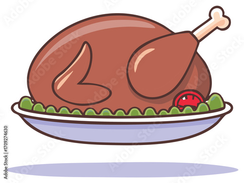 Delicious cartoon roasted turkey served on a platter with green garnishes and a tomato