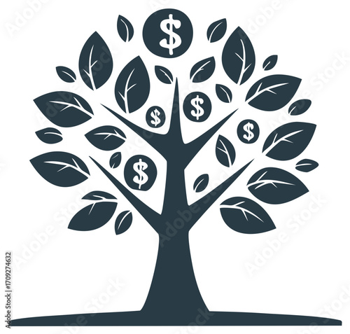 Money tree illustration with dollar coins and leaves