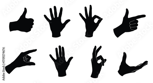 Collection of black silhouette hand gestures showcasing various symbols and signs