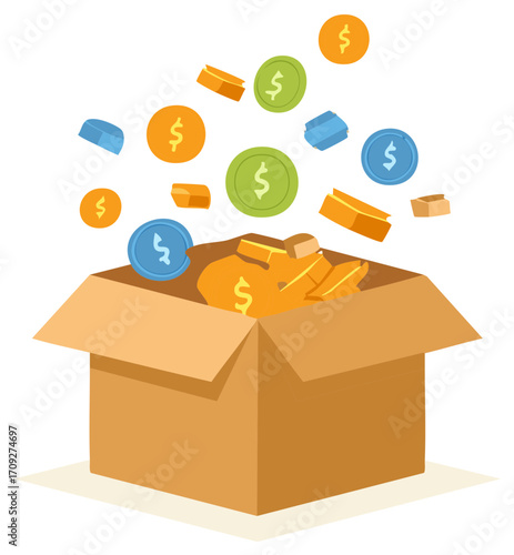Cardboard box overflowing with gold coins and falling currency symbols with dollar signs