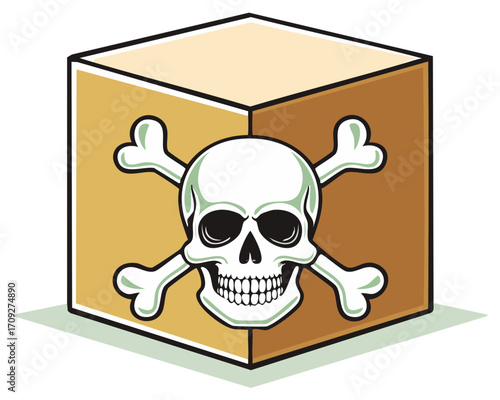 Skull and Crossbones on a Cube, Cartoon Illustration, Danger Concept