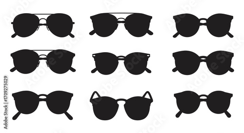 Collection of various stylish sunglasses silhouettes on a white background display