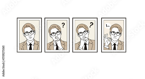 Man in frames shows thought process, from blank stare, question, to finally understanding and making ok sign