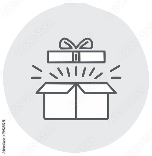 Open gift box icon with floating present and surprise revelation