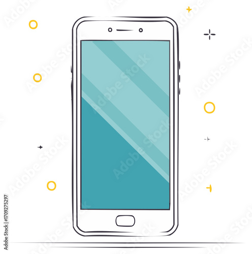 Cartoon Style Phone Illustration with Teal Screen and Decorative Elements