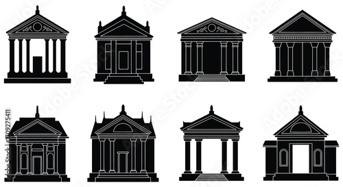 Classical temple facades in black and white showcasing ancient architectural styles