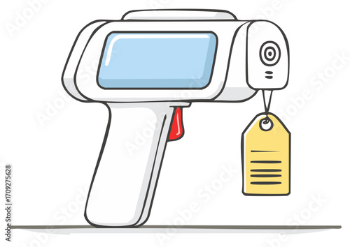 Illustration of a non-contact infrared thermometer with a yellow tag hanging from it