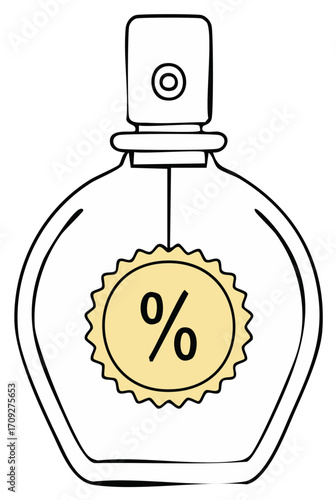 Stylized illustration of a clear perfume bottle featuring a prominent percentage discount symbol for sales promotions