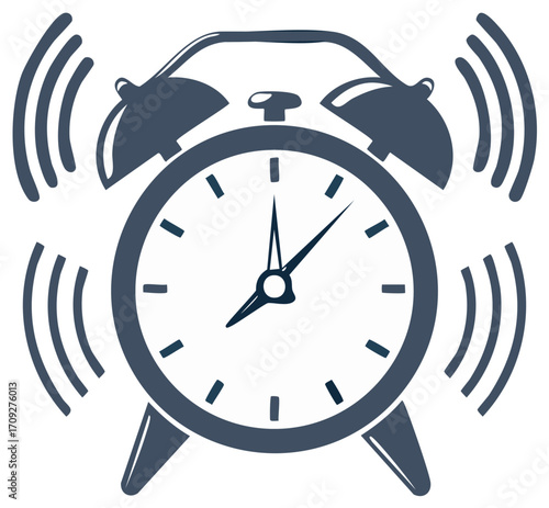 Ringing Retro Alarm Clock Reminder Wake Up Call Concept Illustration Graphic Icon. Vintage Timepiece with Sound Waves Design