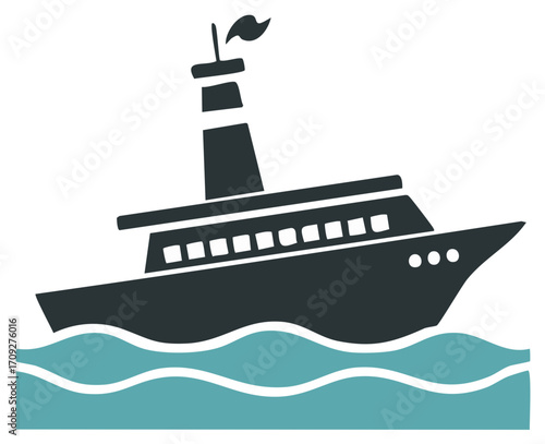 Vector icon of a passenger cruise ship or ocean liner sailing on wavy water
