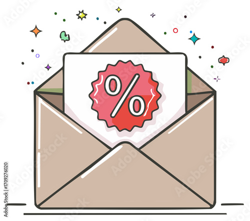 Open envelope revealing a percentage discount badge with sparkling illustration style