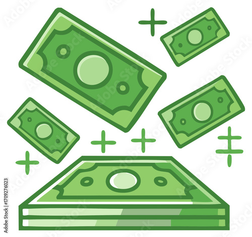 Illustrative money graphic of banknotes flying and stacked