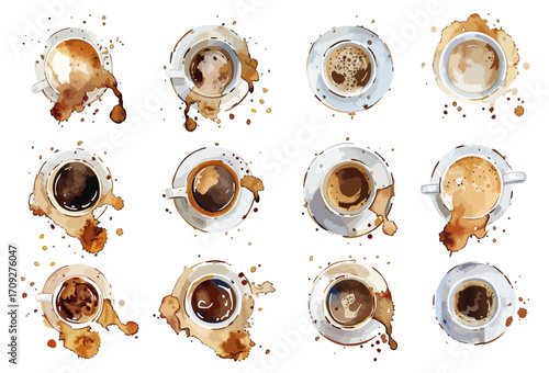 Liquid stain frame. Artistic Display Of Stains And Patterns On Coffee Cups In Various Shades And Textures. Decorative drink drops and stains. Vector collection set