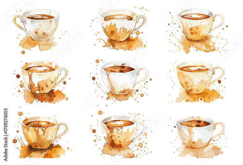 Artistic Watercolor Illustration Of Various Teacups With Coffee or Tea Stains. Decorative drink drops and stains. Liquid stain frame. Vector collection set