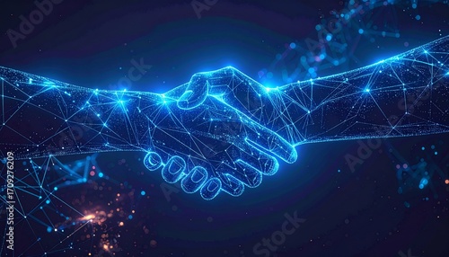 Illuminated handshake between two people with a network of glowing blue lines and nodes in a dark background