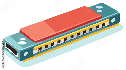 Vibrant colorful harmonica musical instrument isolated isometric cartoon illustration