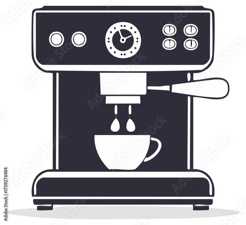 Minimalist Graphic of Espresso Machine Brewing Coffee with Drop Icon and Buttons for Beverage Preparation
