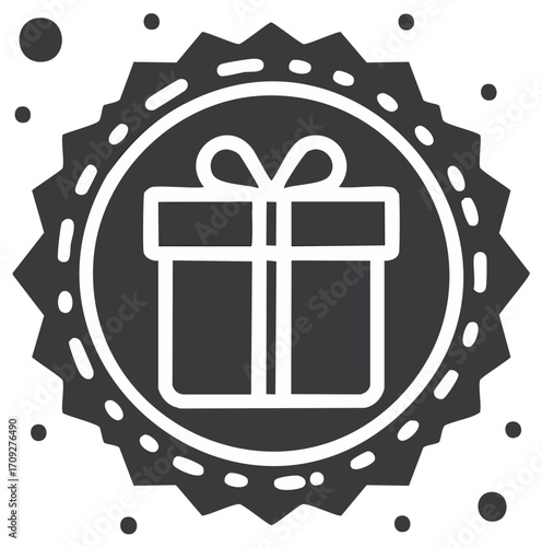 Gift box icon with ribbon inside a decorative jagged badge design monochrome vector graphic