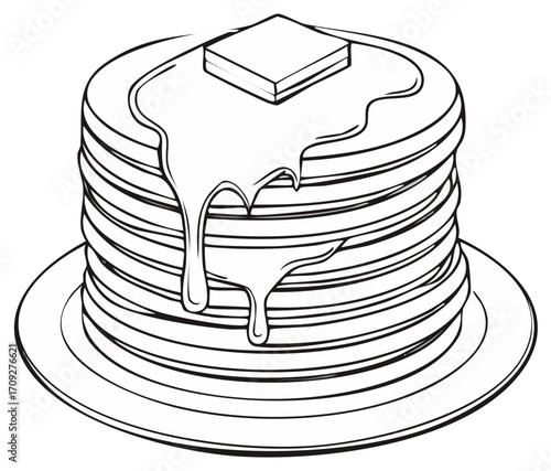 Stack of Butter Pancakes Drizzled with Syrup on a Plate