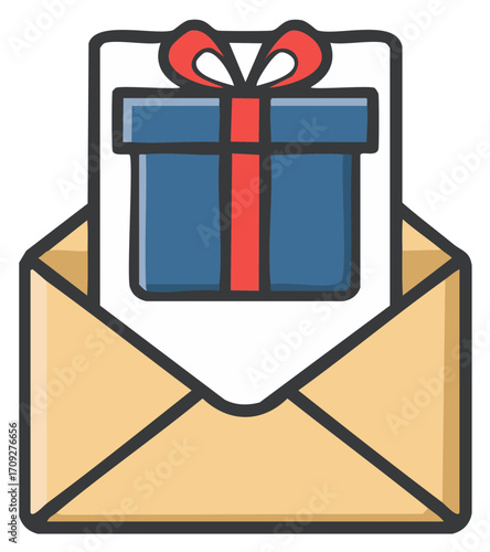 Cartoon icon of an invitation or special offer message with a present