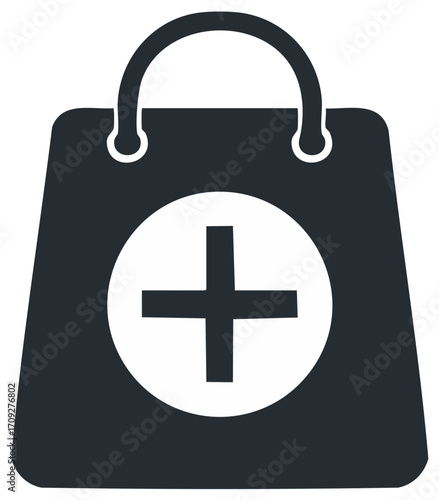 Dark shopping bag icon with a white plus sign inside a circle symbolizing medical purchases or healthcare