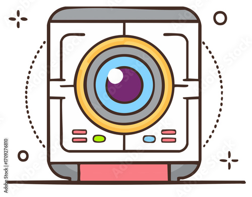 Adorable cartoon webcam illustration with a large lens and sparkles, cute hand drawn icon for streaming and video calls