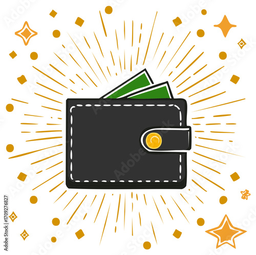 Cartoon wallet full of money with celebratory gold stars and rays illustration