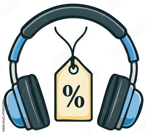 Blue Headphones with Percentage Discount Tag Illustration