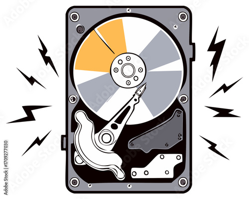 Hard drive failure cartoon illustration with data loss represented by lightning bolts