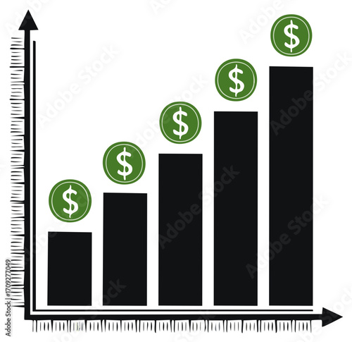 Increasing Finances Illustrated with Bar Graph and Currency Symbols Showing Investment Growth and Financial Performance Chart