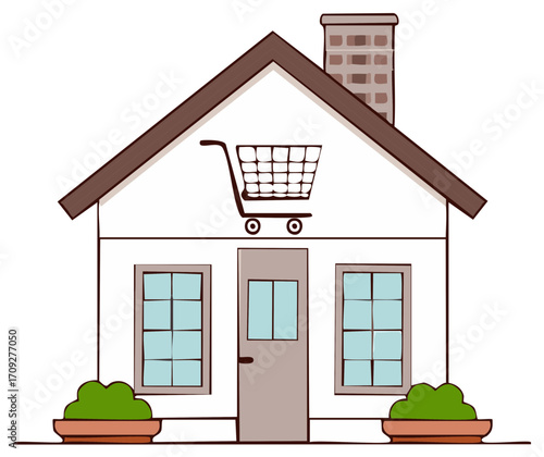 House with a shopping cart icon on its facade representing e-commerce, online retail, and home delivery services