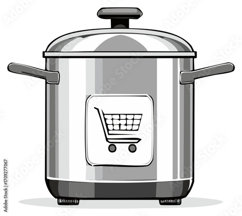 Cooking Pot with Shopping Cart Icon Silver Metal Kitchenware E-commerce Culinary
