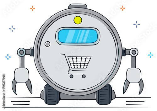 Shopping Robot Cartoon Character with Cart Wheels and Claw Arms Concept