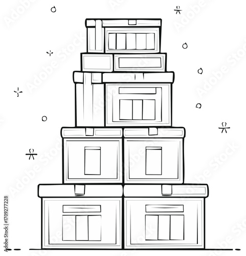Stack of Office Archive Boxes Black and White Line Art Illustration