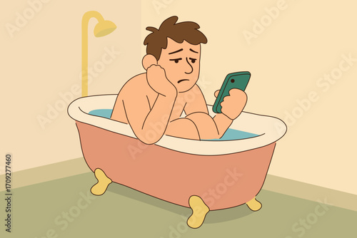 procrastinate - procrastination concept, man in bathtub with phone , mix feeling of bored , anxiety, sad , depression , vector cartoon 