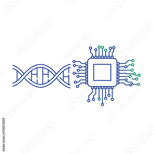 A conceptual illustration clearly depicting the intricate biological DNA helix connected to advanced microchip technology, symbolizing the fusion of genetics and computing.