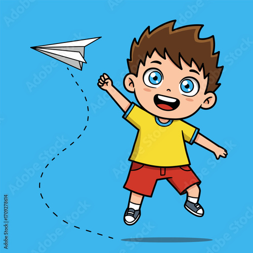 A joyful child with spiky brown hair throws a white paper airplane mid-air, jumping with one arm raised, set against a solid blue background.