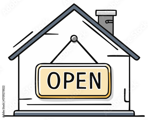 Cartoon house illustration with an open sign welcoming customers to a new business