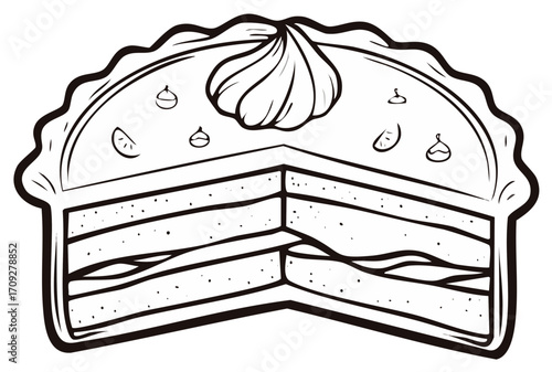 Black and white slice of cake with whipped cream frosting and garnishes