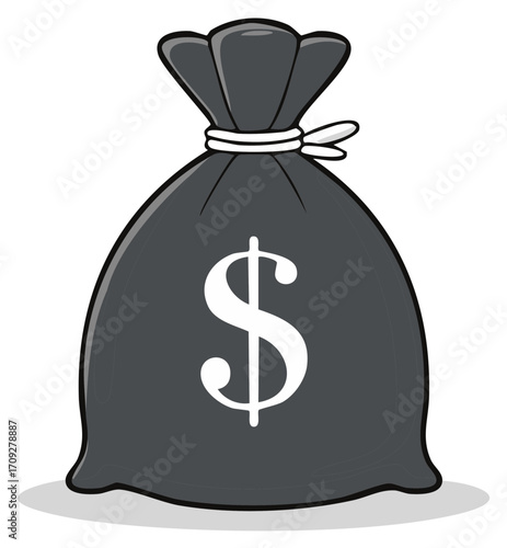 Cartoon illustration of a gray money bag with dollar sign for finance and wealth.
