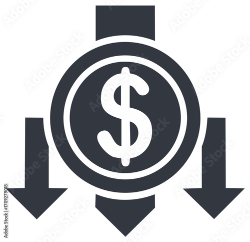 Financial decrease vector icon, money loss illustration, investment downfall symbol, reduced budget expenses