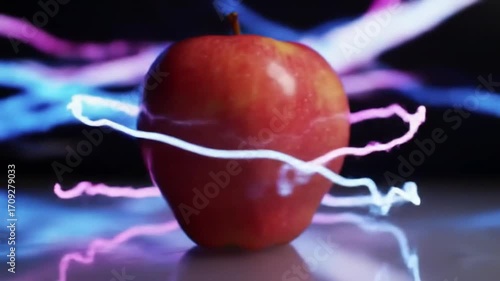 Red Apple with Neon Light Trails Moving Around It in a Dark Setting.