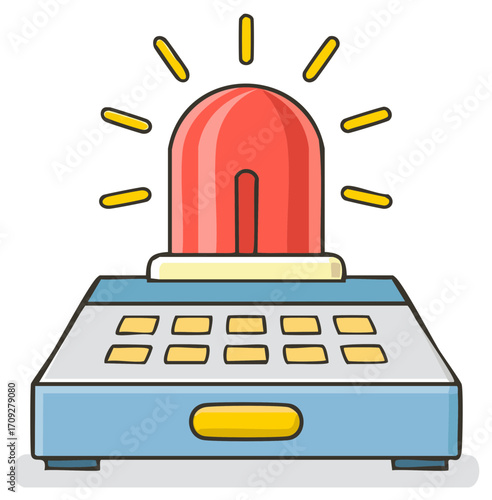Red flashing alarm light on a control panel with illuminated buttons