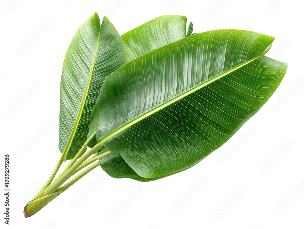 Fototapeta premium Vibrant green banana leaf isolated on white, tropical foliage for design and decoration