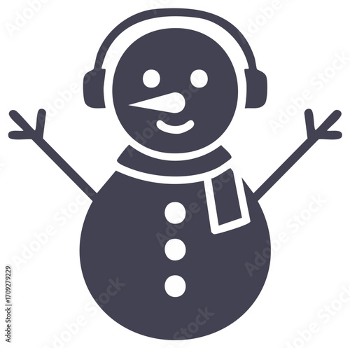 Wintertime Snowman Wearing Ear Muffs, Scarf, and Waving with Smiling Face