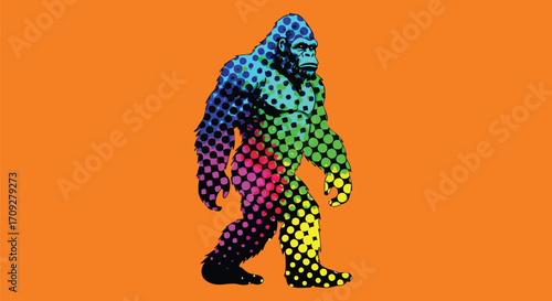 Vibrant Bigfoot creature walking in bold pop art style with colorful polka dot pattern
