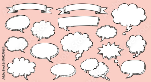 Doodle speech bubbles and banner shapes for your creative design projects, download now and add a fun touch