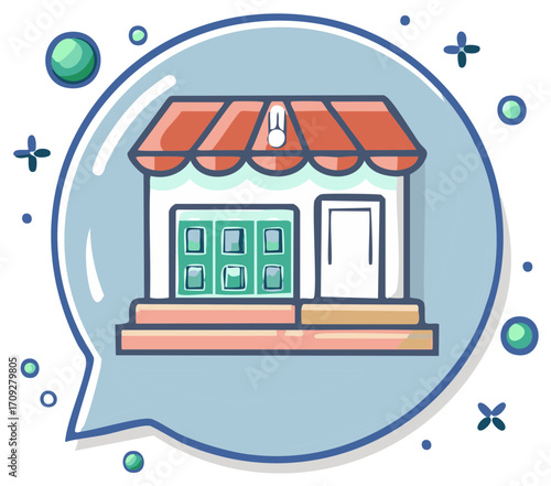 Cute cartoon storefront icon in a speech bubble for online shopping and local business